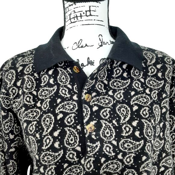 Vintage 80s Collared Polo Sweater Button Up Black Paisley Oversized Retro Funk - Picture 3 of 9